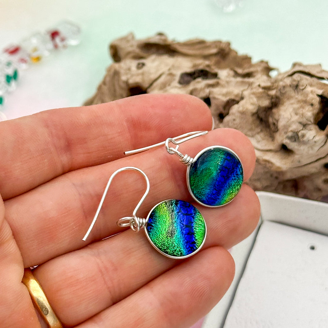 Boucles d'oreilles en verre de Murano zébré bleu vert or