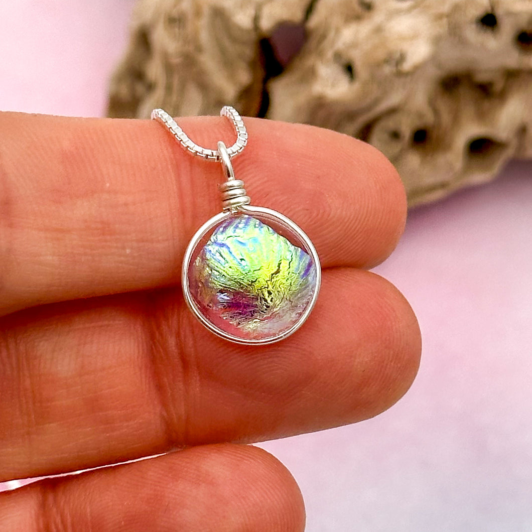 Collier Pendentif texturé transparent or en verre dichroïque - technique Murano